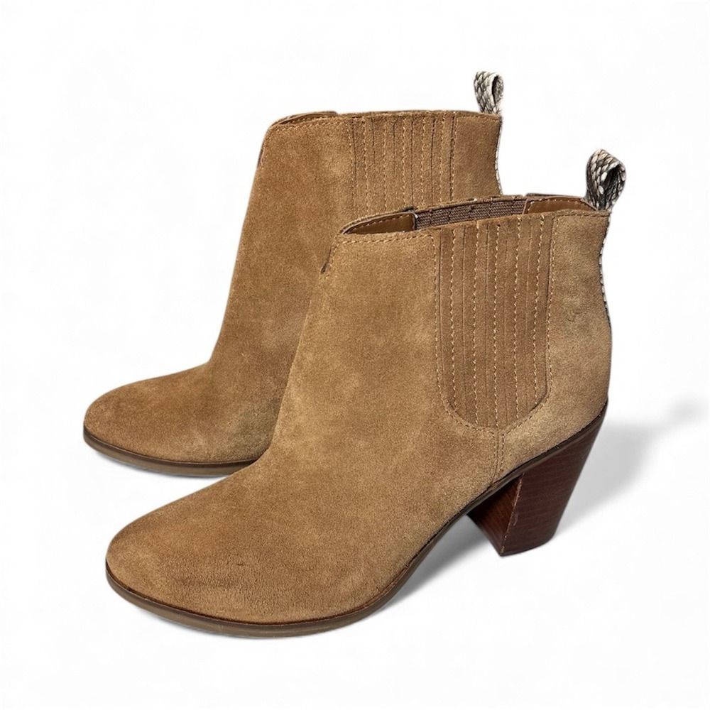 Dolce Vita Women's 9.5 Stacie Boot Tan Suede Snake Skin Block Heel Bootie Brown